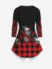 Plus Size 3D Skull Rose Floral Heart Branch Plaid Printed Halloween Patchwork 2 in 1 T-shirt and Flare Pants Outfit -  