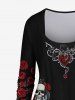Plus Size 3D Skull Rose Floral Heart Branch Plaid Printed Halloween Patchwork 2 in 1 T-shirt and Flare Pants Outfit -  
