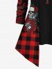 Plus Size 3D Skull Rose Floral Heart Branch Plaid Printed Halloween Patchwork 2 in 1 T-shirt and Flare Pants Outfit -  