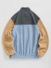Fleece Fluffy Colorblock Stand Collar Zip Up Pocket Applique Design Jacket -  