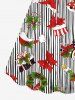 Plus Size 3D Bowknot Bell Gift Wreath Striped Hat Print Christmas Cinched Dress -  