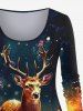 Plus Size Christmas Elk Flower Glitter Print T-shirt -  