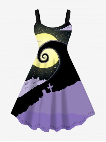 Plus Size Moon Galaxy Tree Cross Cloud Print Halloween Tank Dress - PURPLE - XS