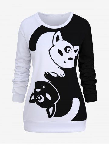 Plus Size Cat Moon Star Print Two Tone Sweatshirt - BLACK - 6XL