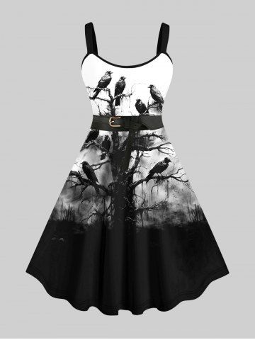 Plus Size Ink Painting Birds Tree Buckle Belt 3D Print Tank Dress - BLACK - XS
