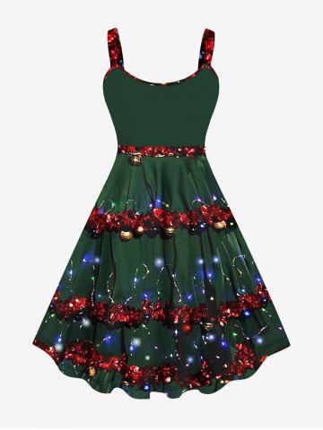 Plus Size 3D Glitter Sparkling Lamp Bell Ribbon Print Christmas Tank Dress - DEEP GREEN - S
