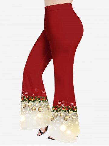 Plus Size Christmas Ball Leaf Glitter Colorblock Print Flare Pants - RED - 5X