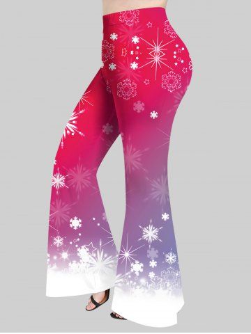 Plus Size Glitter Snowflake Print Ombre Christmas Flare Pants - RED - L