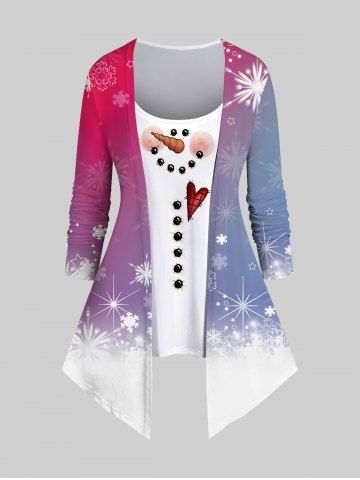 Plus Size Snowflake Snowman Print Ombre Patchwork 2 in 1 Christmas T-shirt - RED - M
