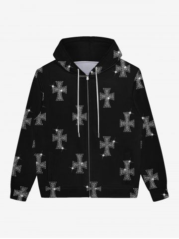 Gothic Glitter Sparkling Cross Print Zipper Pockets Drawstring Hoodie For Men - BLACK - XL