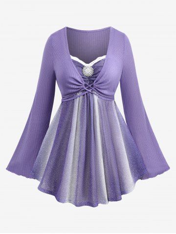 Plus Size Buckle Ruched Tied Lace Trim Bell Sleeves Ribbed Glitter T-shirt - LIGHT PURPLE - M | US 10