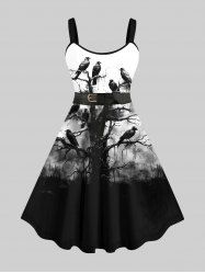Plus Size Ink Painting Birds Tree Buckle Belt 3D Print Tank Dress -  