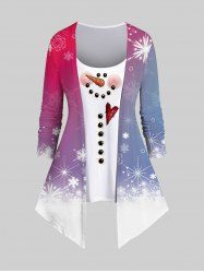 Plus Size Snowflake Snowman Print Ombre Patchwork 2 in 1 Christmas T-shirt -  