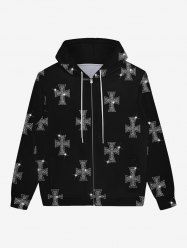 Gothic Glitter Sparkling Cross Print Zipper Pockets Drawstring Hoodie For Men - Noir 4XL