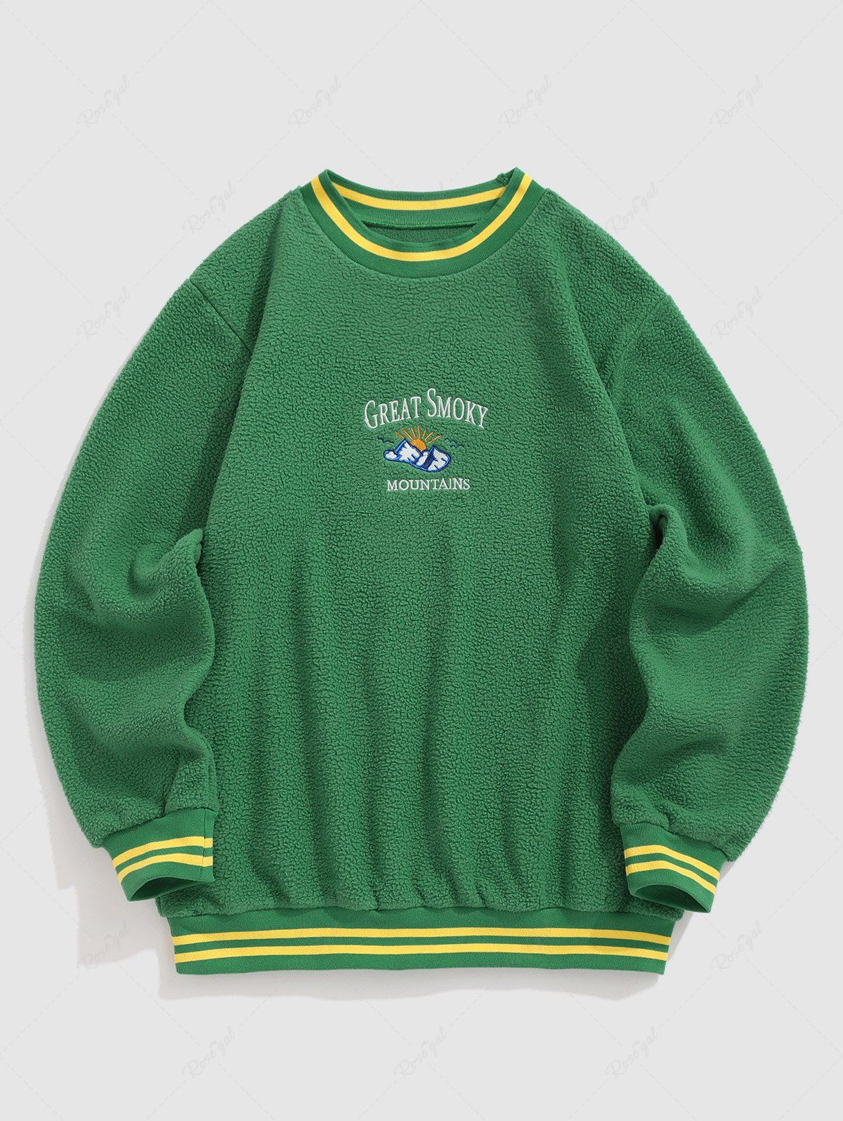 Latest Men's GREAT SMOKY MOUNTAINS Sun Embroidered Ribbed Crew Neck Fluffy Teddy Fleece Pullover Sweatshirt  