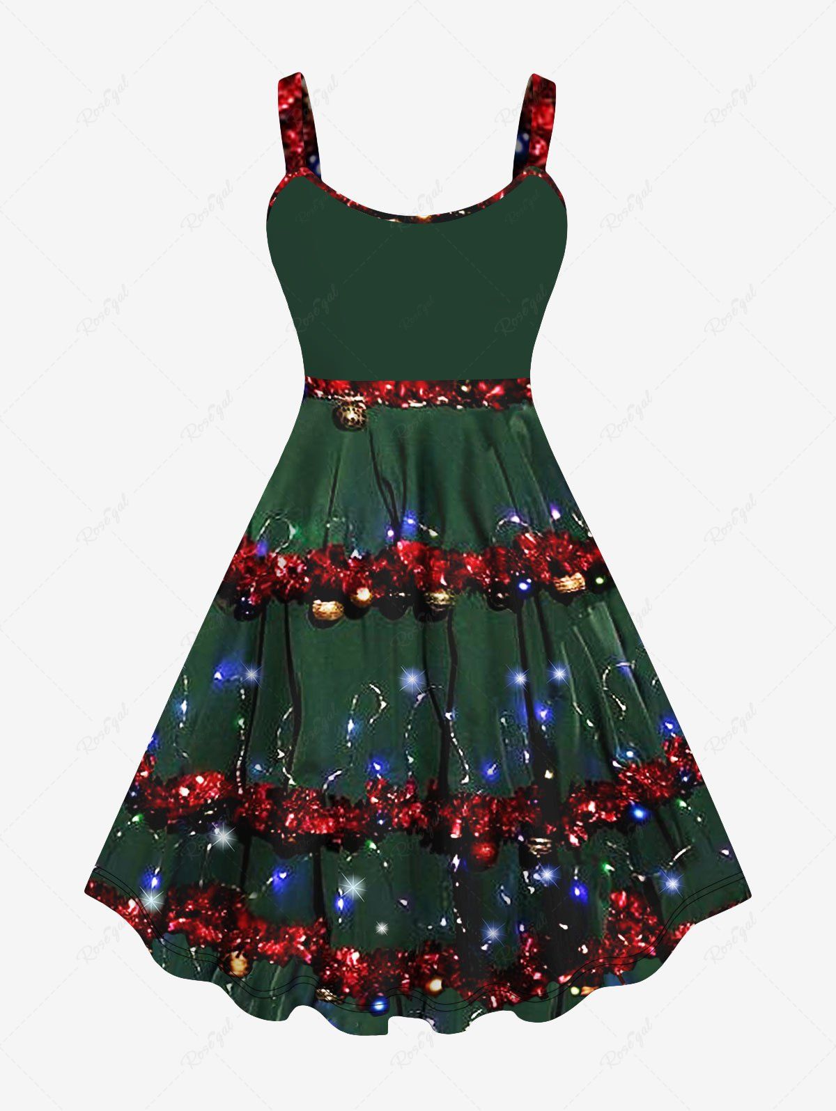 Plus Size 3D Glitter Sparkling Lamp Bell Ribbon Print Christmas Tank Dress Vert profond 6X