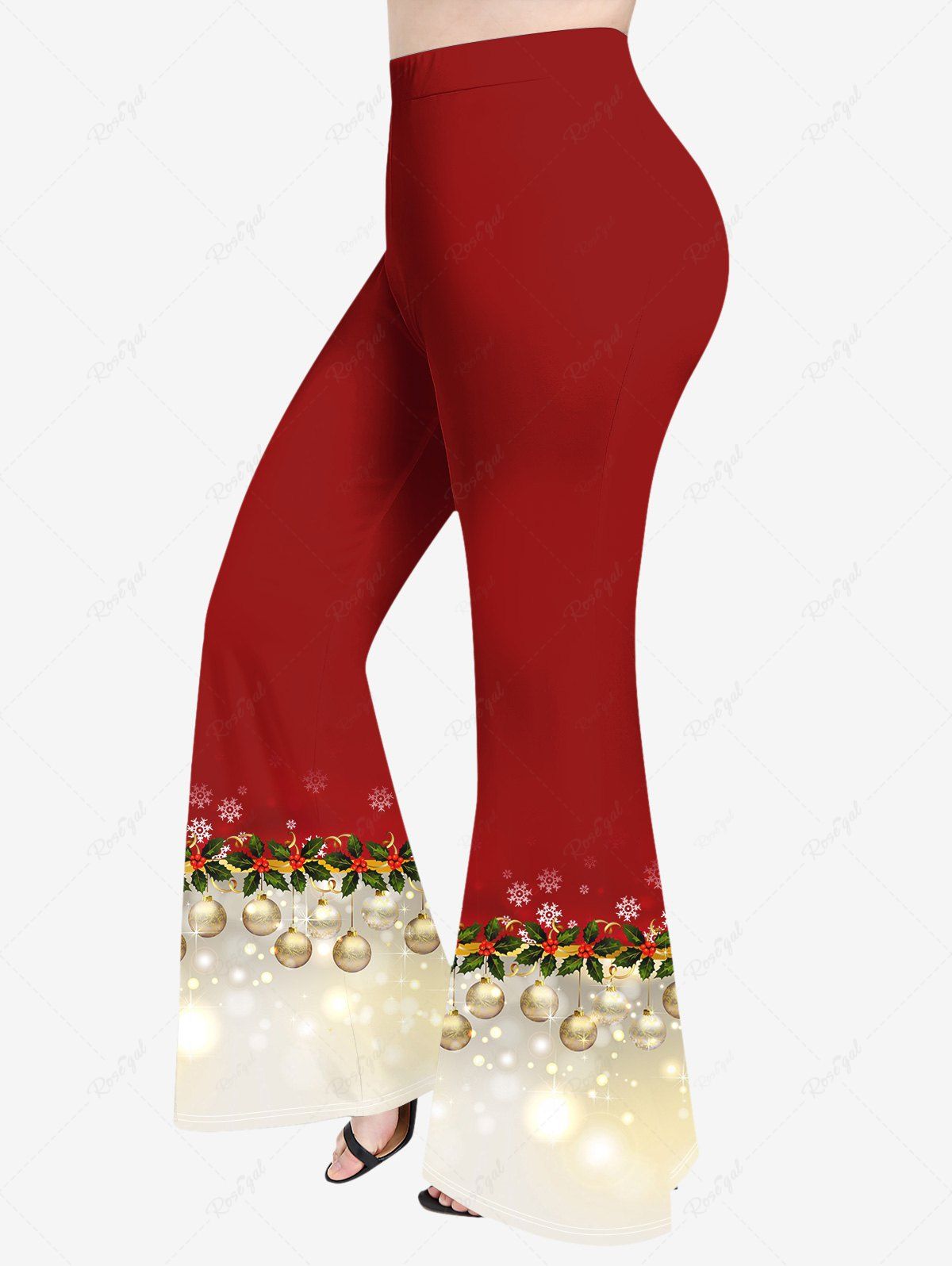 Pantalon Evasé Boule de Noël Feuille Imprimée en Blocs de Couleurs de Grande Taille à Paillettes Rouge 6X
