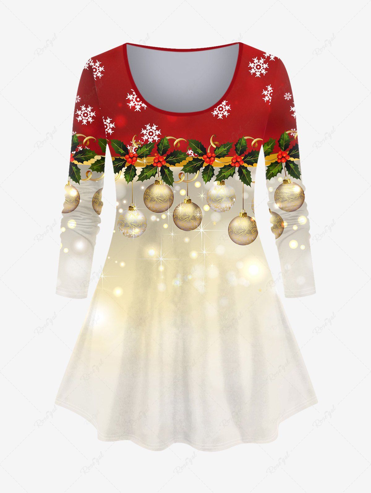 T-shirt Ballon Feuille de Noël Flocon de Neige en Blocs de Couleurs de Grande Taille à Paillettes Rouge 5X