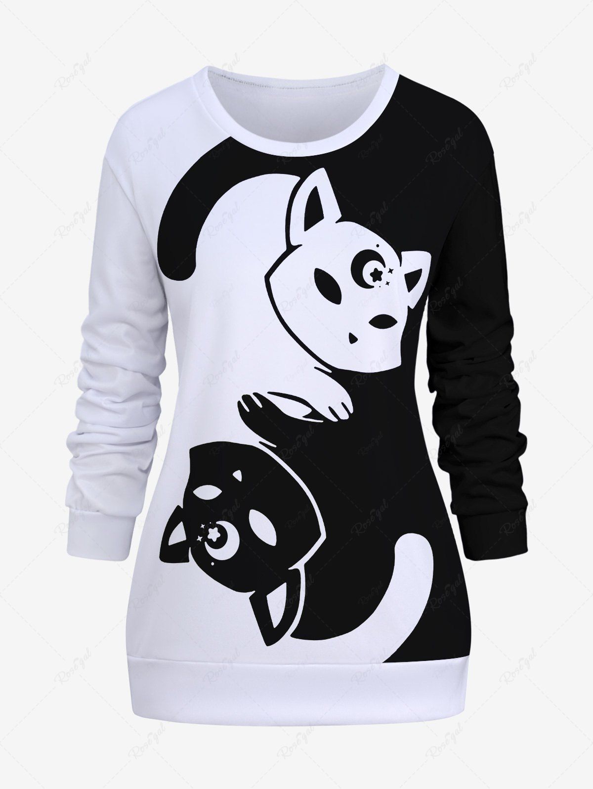 Fancy Plus Size Cat Moon Star Print Two Tone Sweatshirt  