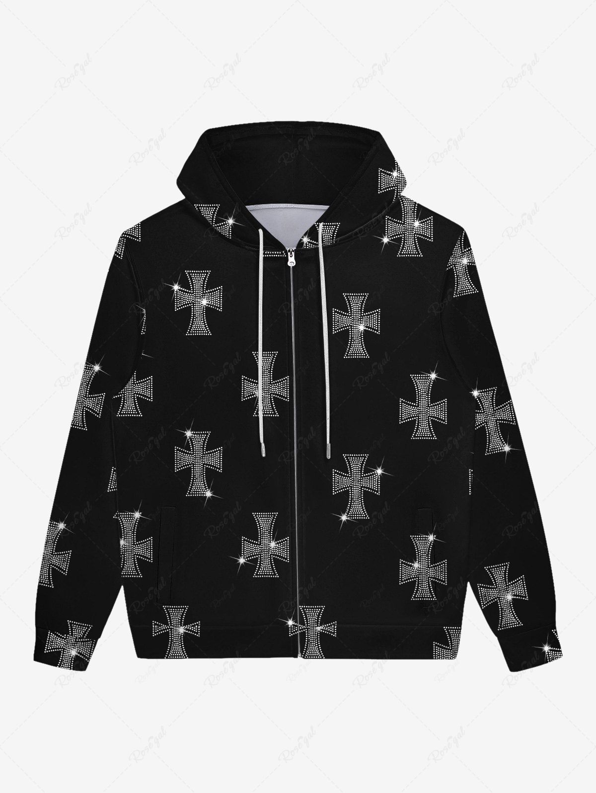 Outfits Gothic Glitter Sparkling Cross Print Zipper Pockets Drawstring Hoodie For Men  