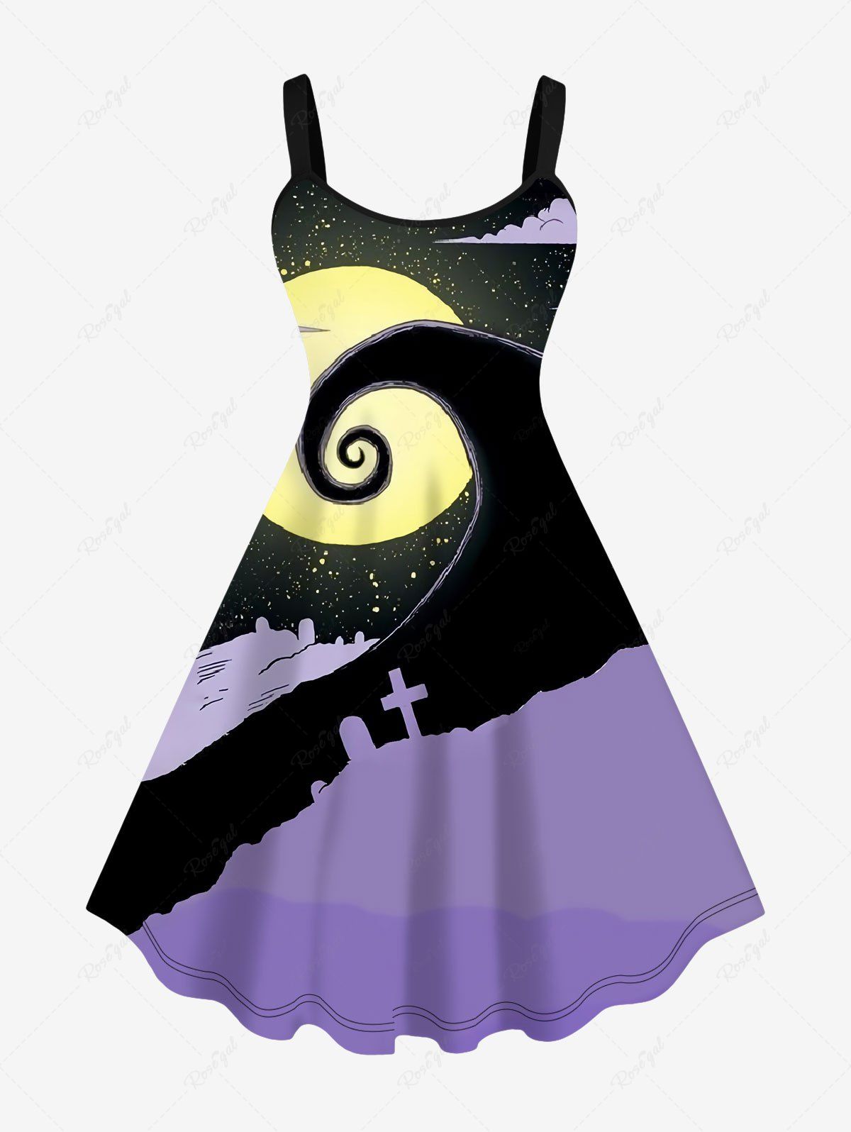 Discount Plus Size Moon Galaxy Tree Cross Cloud Print Halloween Tank Dress  