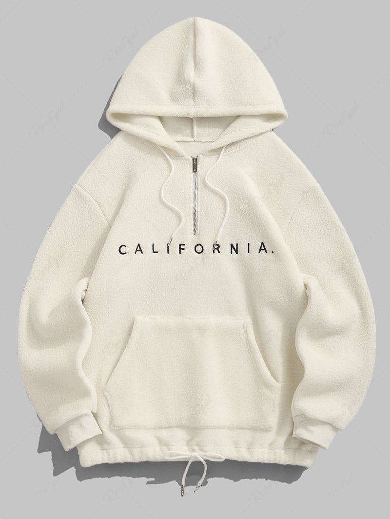 Shop Men's CALIFORNIA Letter Embroidered Kangaroo Pocket Quarter Zip Fluffy Teddy Fleece Pullover Hoodie  