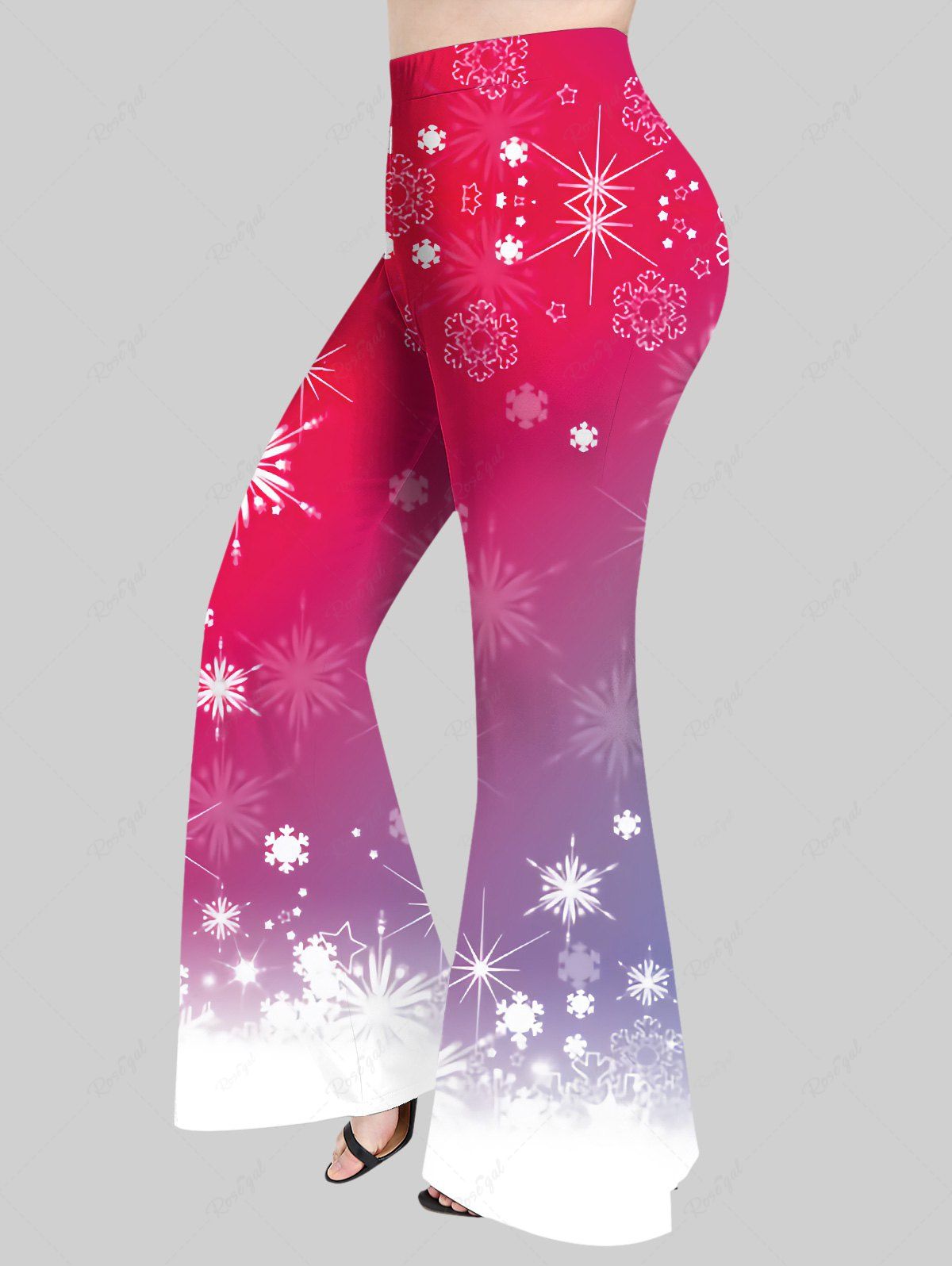 New Plus Size Glitter Snowflake Print Ombre Christmas Flare Pants  