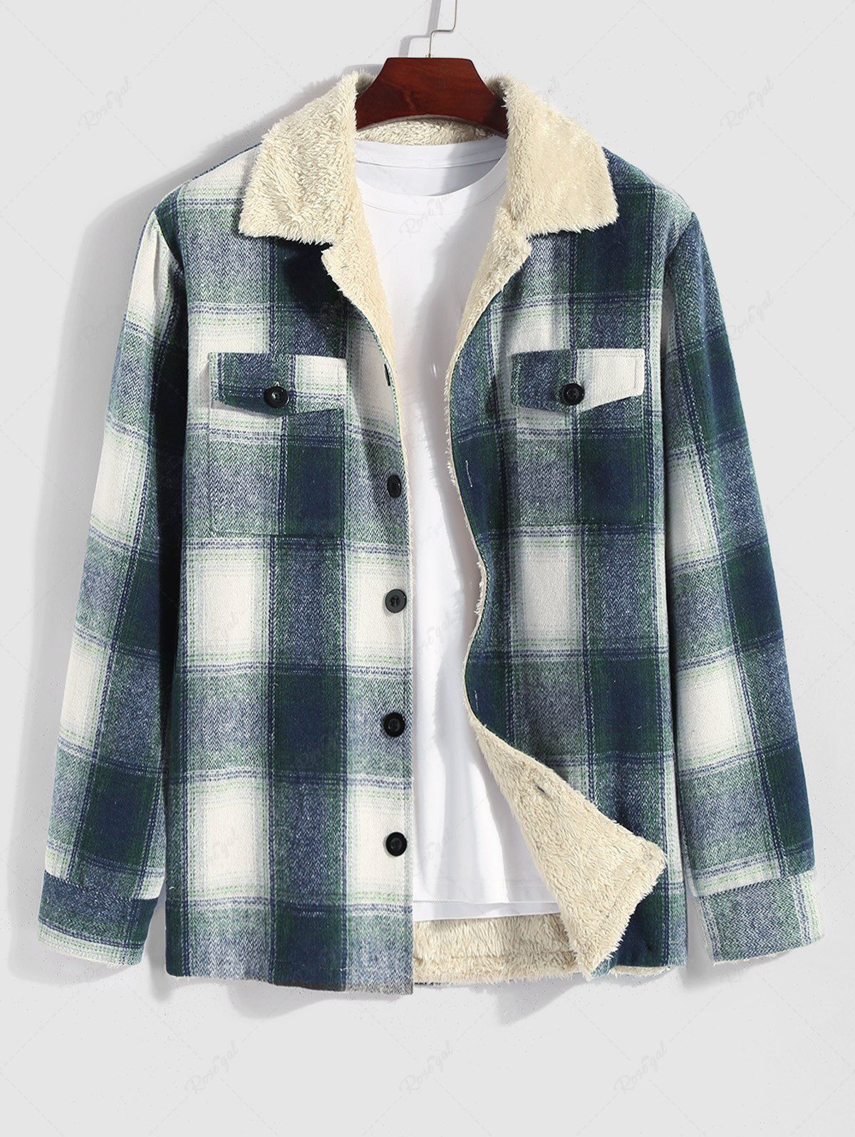 Fashion Men's Plaid Pattern Front Pocket Thermal Fluffy Fleece-lined Jacket  
