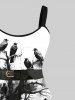 Plus Size Ink Painting Birds Tree Buckle Belt 3D Print Tank Dress -  