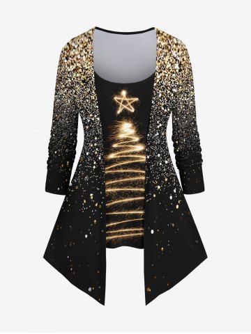 Plus Size Christmas Star Glitter Sparkling Sequin 3D Print 2 In 1 Tee - GOLDEN - S