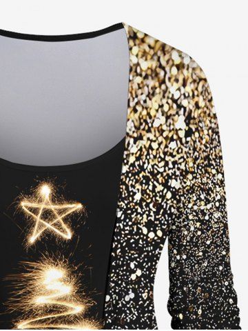 Plus Size Christmas Star Glitter Sparkling Sequin 3D Print 2 In 1 Tee