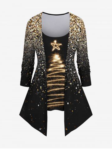 T-shirt de Noël Brillant 3D Etoile Imprimée de Grande Taille à Paillettes - GOLDEN - L