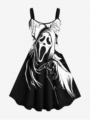 Plus Size 3D Wizard Tree Print Halloween Tank Dress - BLACK - XS