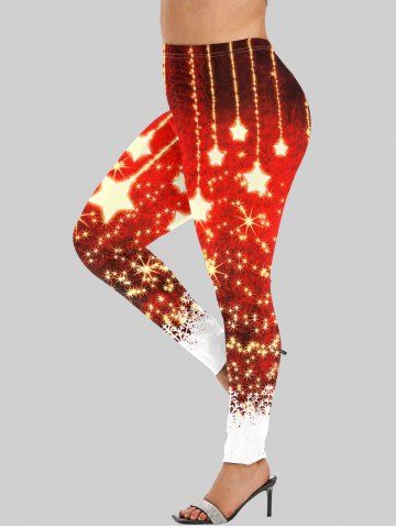 Plus Size Christmas Star Tassel Colorblock Snowflake Glitter Print Leggings - RED - 6X