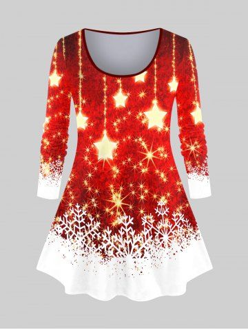 Plus Size Christmas Star Snowflake Colorblock Glitter Print T-shirt - RED - M