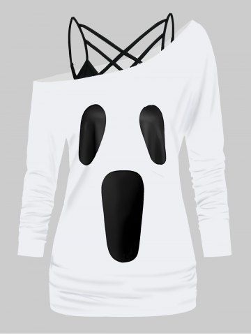 Halloween Ghost Face Print Skew Collar T-shirt And Lattice Camisole Set - WHITE - L | US 8