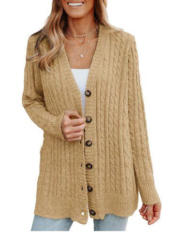 Solid Color Cable Twist Knit Button Up Sweater Cardigan - LIGHT COFFEE - M | US 6