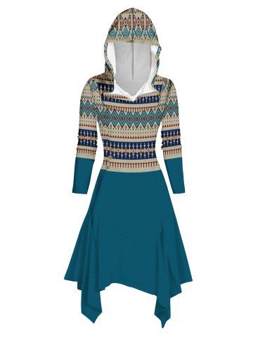 Tribal Geometric 3D Print Ruched Asymmetrical Hem Hooded Dress - BLUE - XXL | US 14