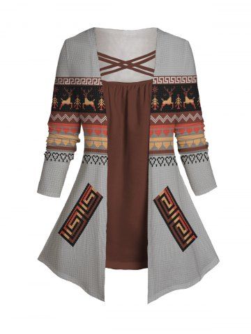 Plus Size Tribal Geometric Print Colorblock Faux Twinset Long Sleeve T-shirt - COFFEE - L | US 14