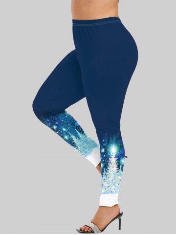 Plus Size Christmas Tree Star Glitter Print Leggings - BLUE - 4X