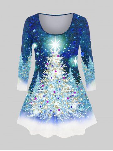 T-shirt grande taille imprimé sapin de Noël étoiles galaxie paillettes - BLUE - XS