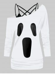 Halloween Ghost Face Print Skew Collar T-shirt And Lattice Camisole Set -  