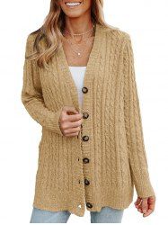 Solid Color Cable Twist Knit Button Up Sweater Cardigan -  