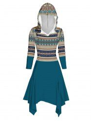 Robe à Capuche Asymétrique Tribale Géométrique Imprimée à Ourlet Asymétrique - Bleu XXL | NOUS 14