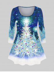 Plus Size Christmas Tree Star Galaxy Glitter Print T-shirt -  