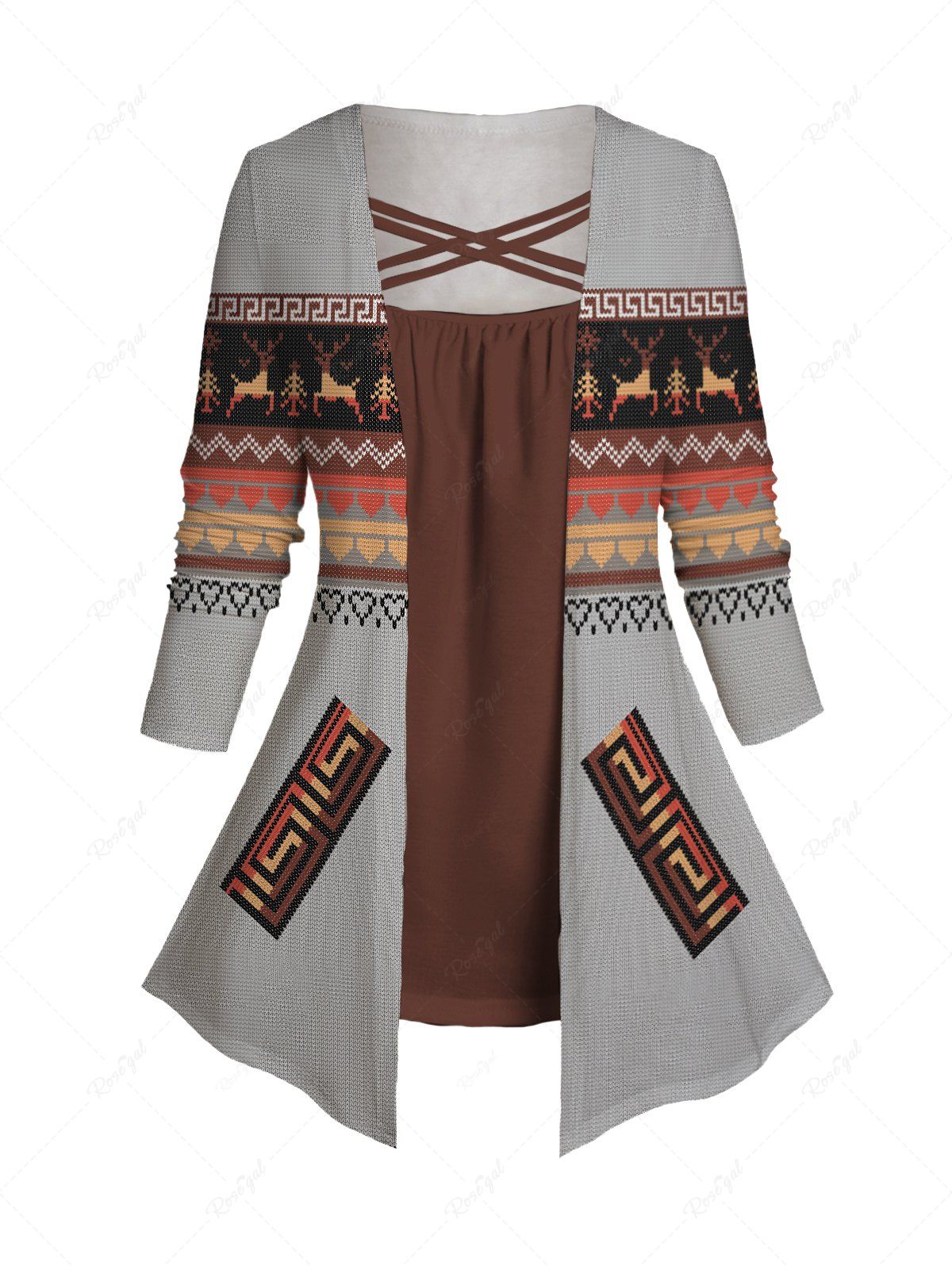 Cheap Plus Size Tribal Geometric Print Colorblock Faux Twinset Long Sleeve T-shirt  