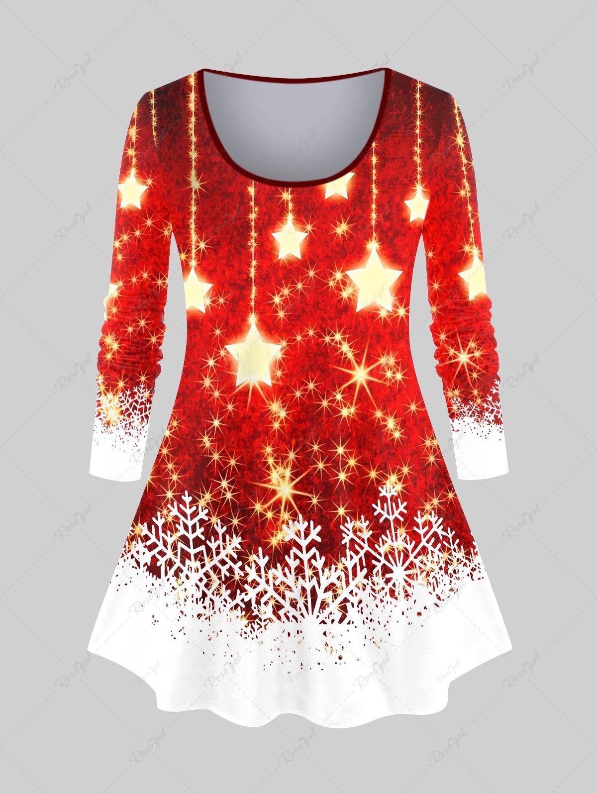 Latest Plus Size Christmas Star Snowflake Colorblock Glitter Print T-shirt  