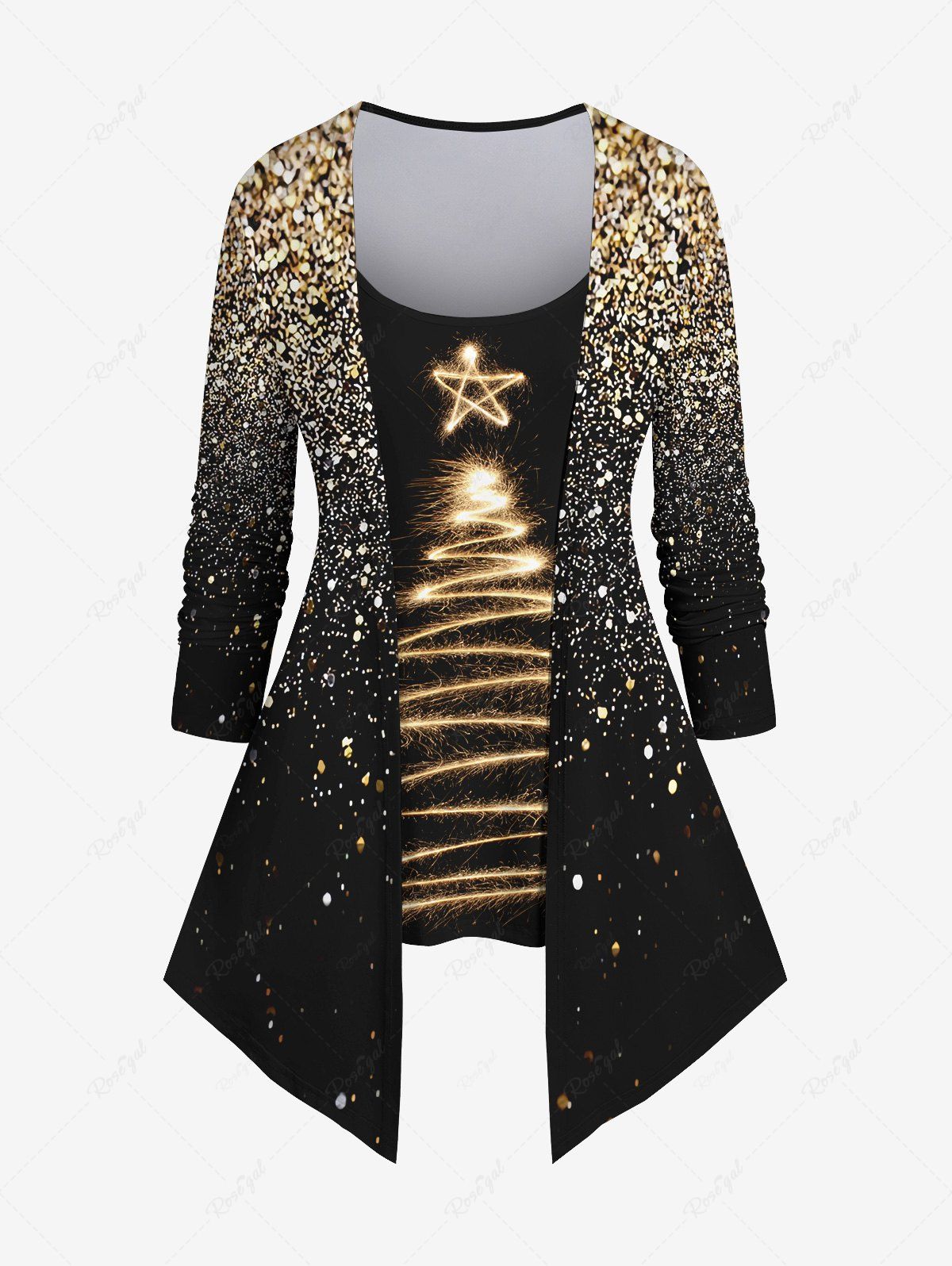 Trendy Plus Size Christmas Star Glitter Sparkling Sequin 3D Print 2 In 1 Tee  
