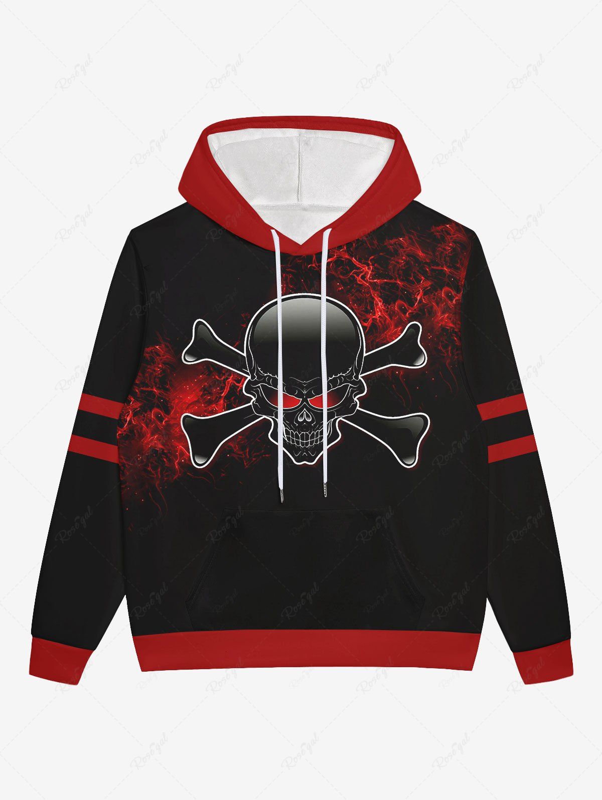 Discount Gothic Halloween Skull Flame Print Drawstring Hoodie For Men  