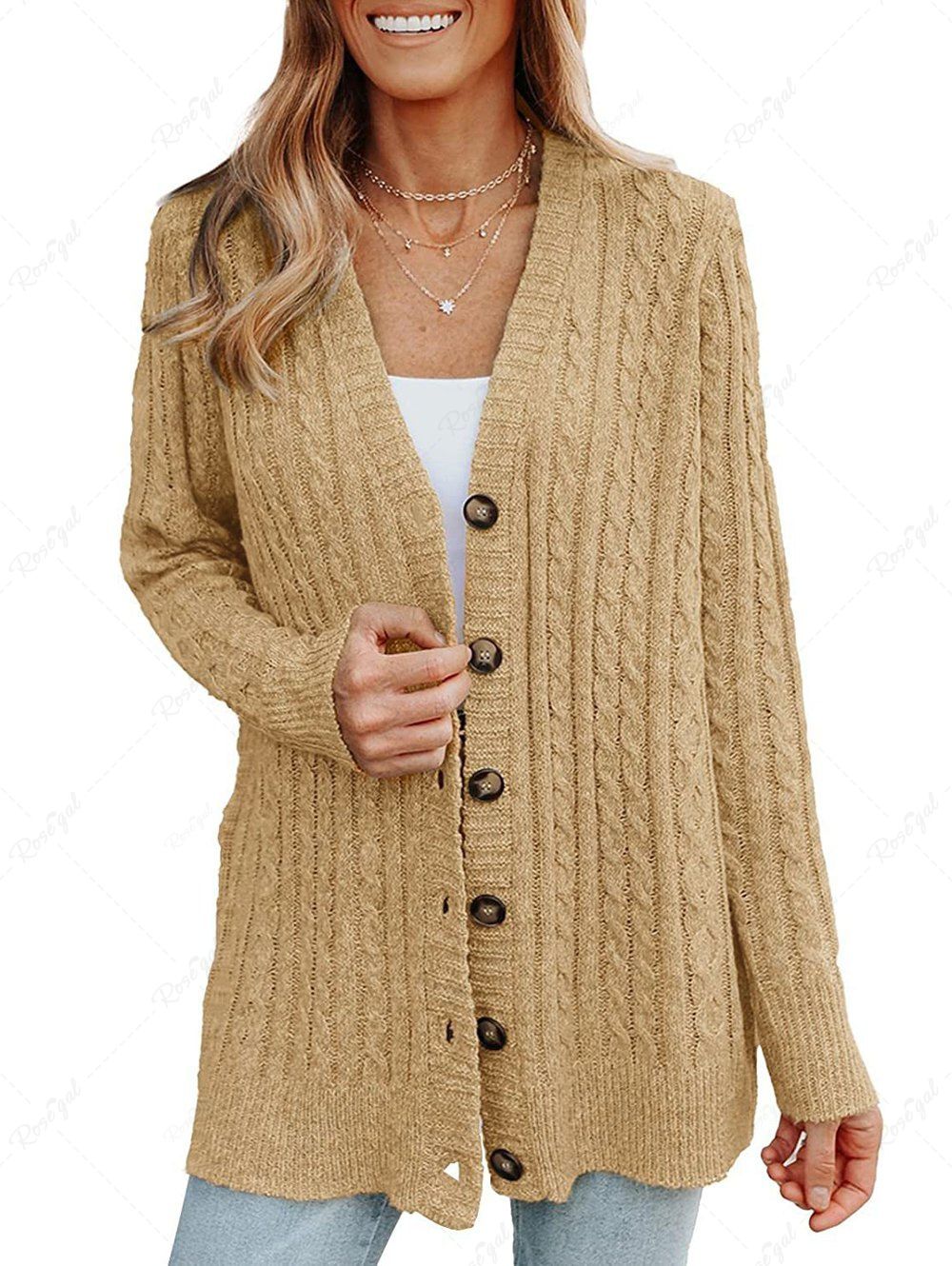 Chic Solid Color Cable Twist Knit Button Up Sweater Cardigan  